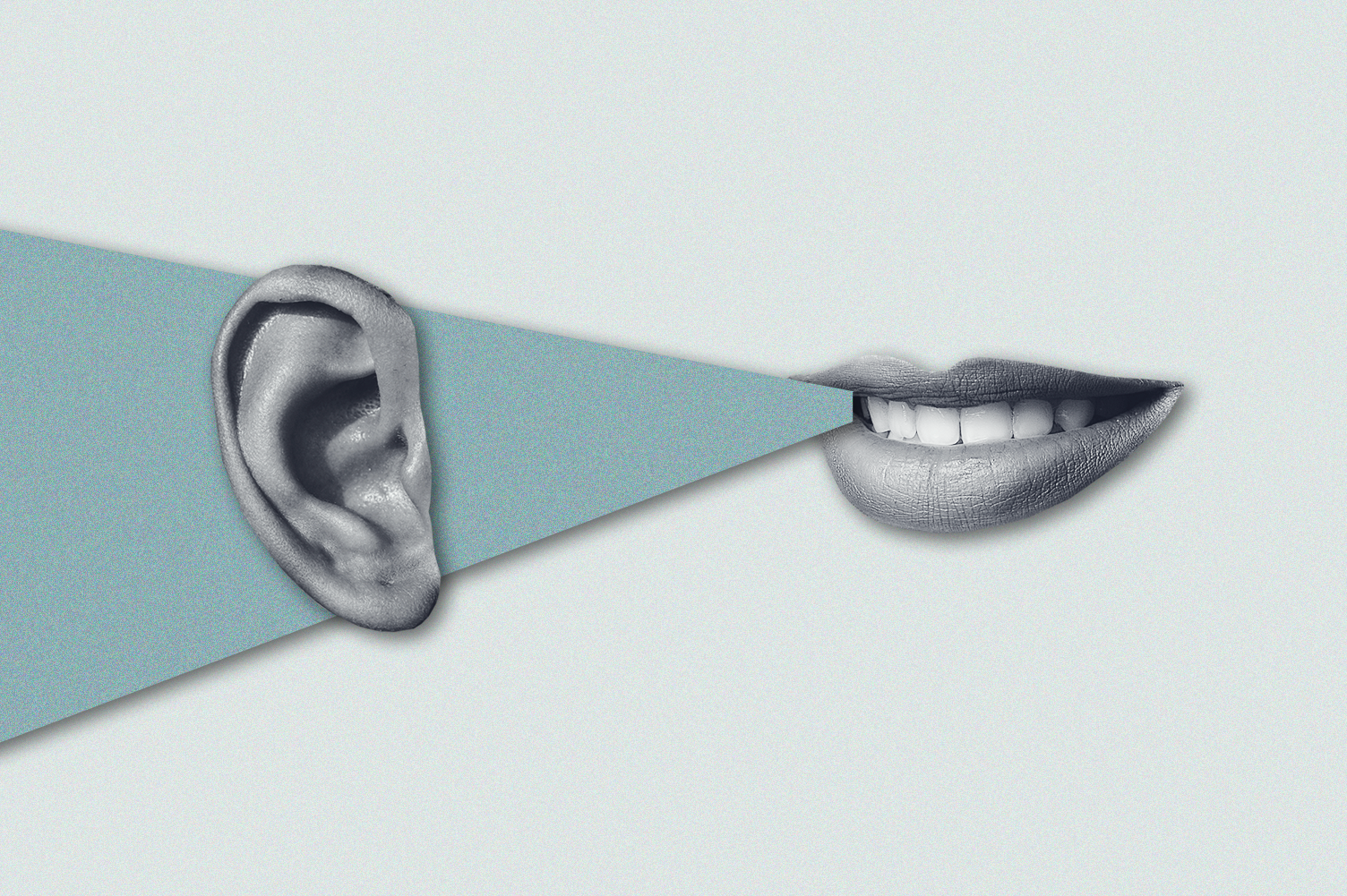 A triangle connects a woman's mouth to another person's ear to show word-of-mouth and symbolize eNPS